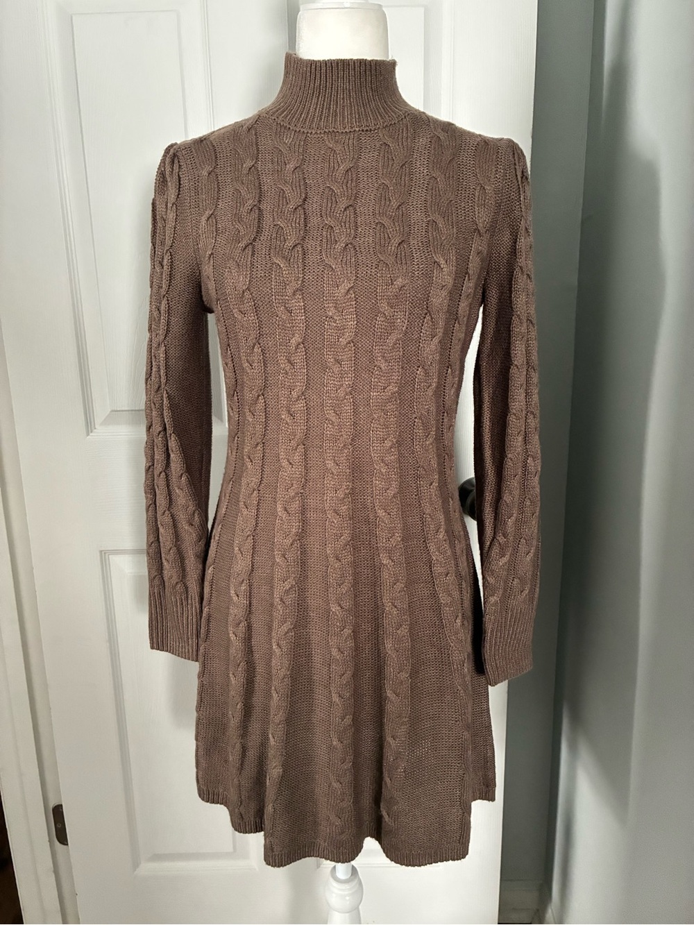 NWOT Lucky Brand Long Sleeve Mock Neck Cable Knit Sweater Dress Mocha Bisque